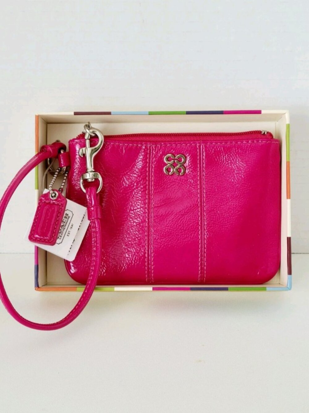 Coach Wristlet Y2K Magenta Pink Patent Leather Zip Silver w/Box